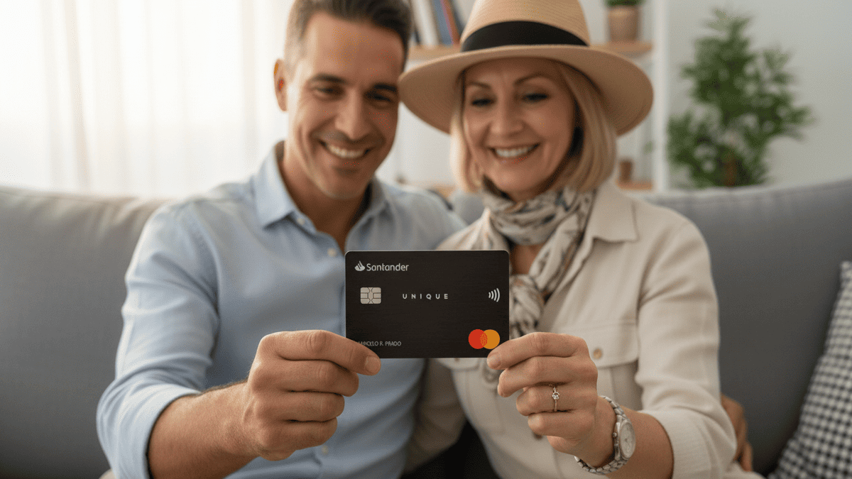 um dos cartões Santander sendo segurado por um casal sorridente em ambiente interno, com o cartão em destaque em primeiro plano