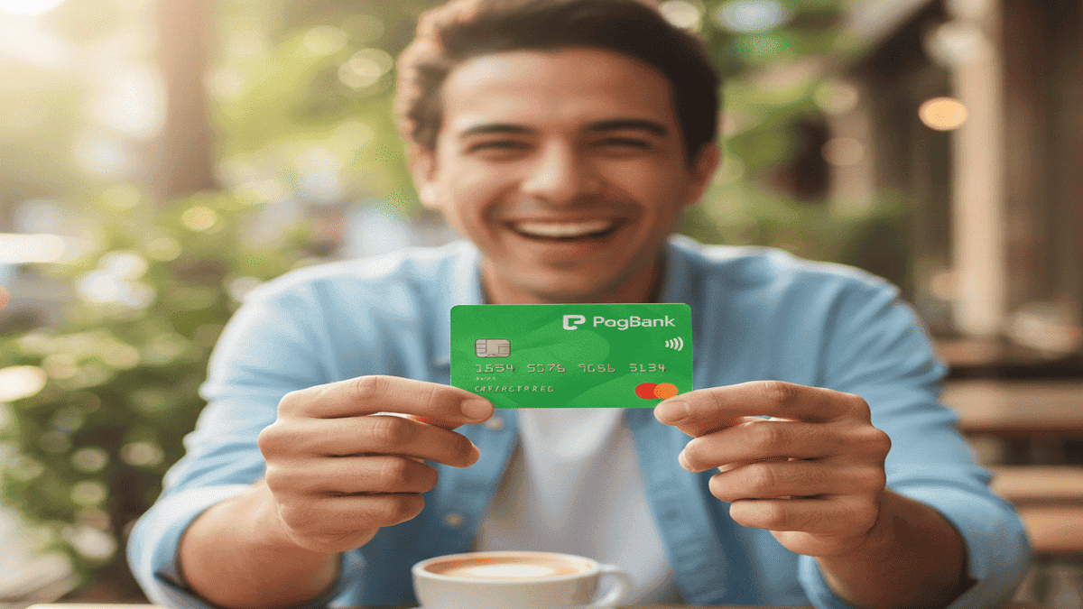 Homem feliz e sorridente segura um cartão de crédito PagBank na cor verde, com a marca visível. Ele está sentado em uma mesa de café ao ar livre, com uma xícara de café e um celular por perto, transmitindo uma sensação de satisfação e praticidade.