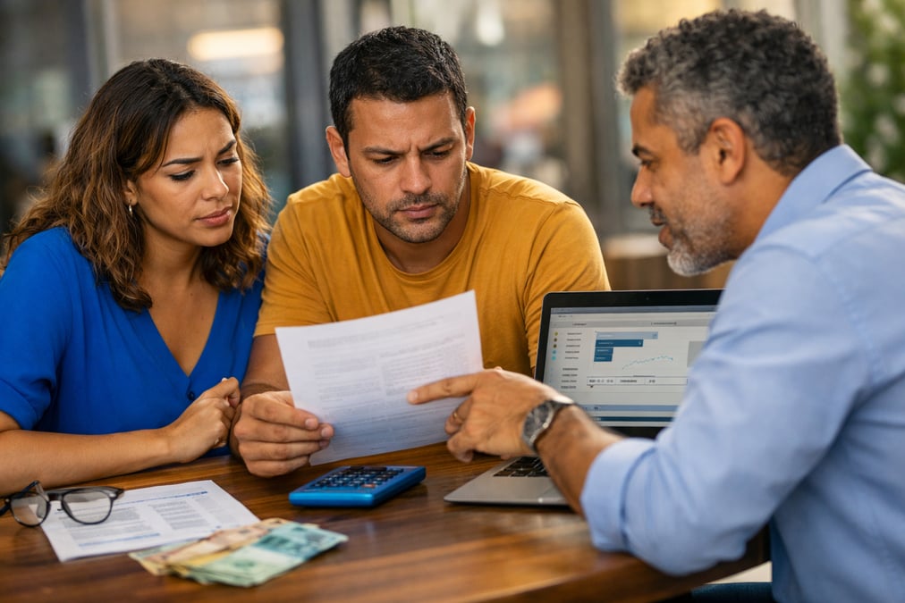 Profissional analisando contrato de emprestimo pessoal e comparando taxas CET
