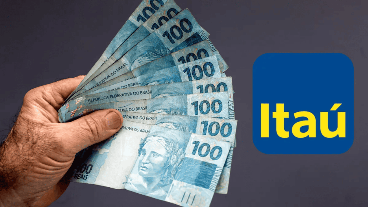 Imagem ilustrativa de notas de cem reais com o logotipo do banco, simbolizando o funcionamento do empréstimo pessoal do Itaú