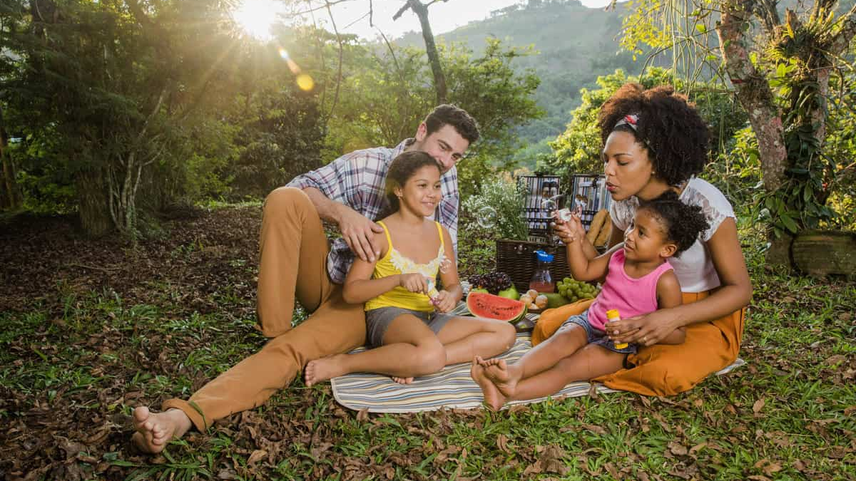 lazer econômico em família durante um piquenique ao ar livre, com pais e crianças sentados sobre uma toalha no meio da natureza, compartilhando frutas, conversando e aproveitando um momento simples de convivência em um parque arborizado